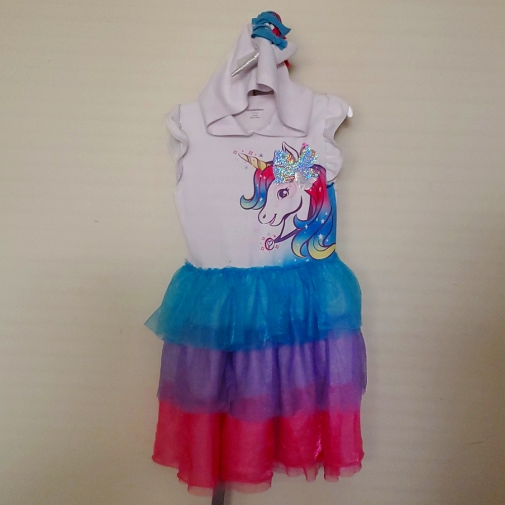 Girls Nickelodeon Jojo Siwa Unicorn Hood Colorful Rainbow Tutu Sequin Dress Sz L